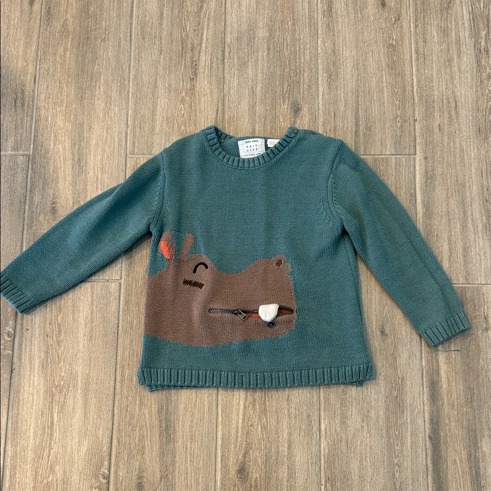Zara Kids Green Sweater with Brown Animal Design